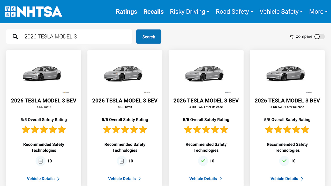 2026 TESLA MODEL 3 BEV 4 DR AWD | NHTSA