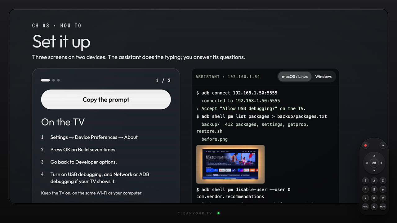 AI Agent 透過終端機執行 ADB 連線與 CleanYourTV 安裝流程